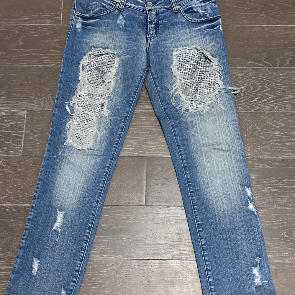 MET Jeans Distressed Sequin Skinny Jeans, Size 30 Made in Italy 4623-3